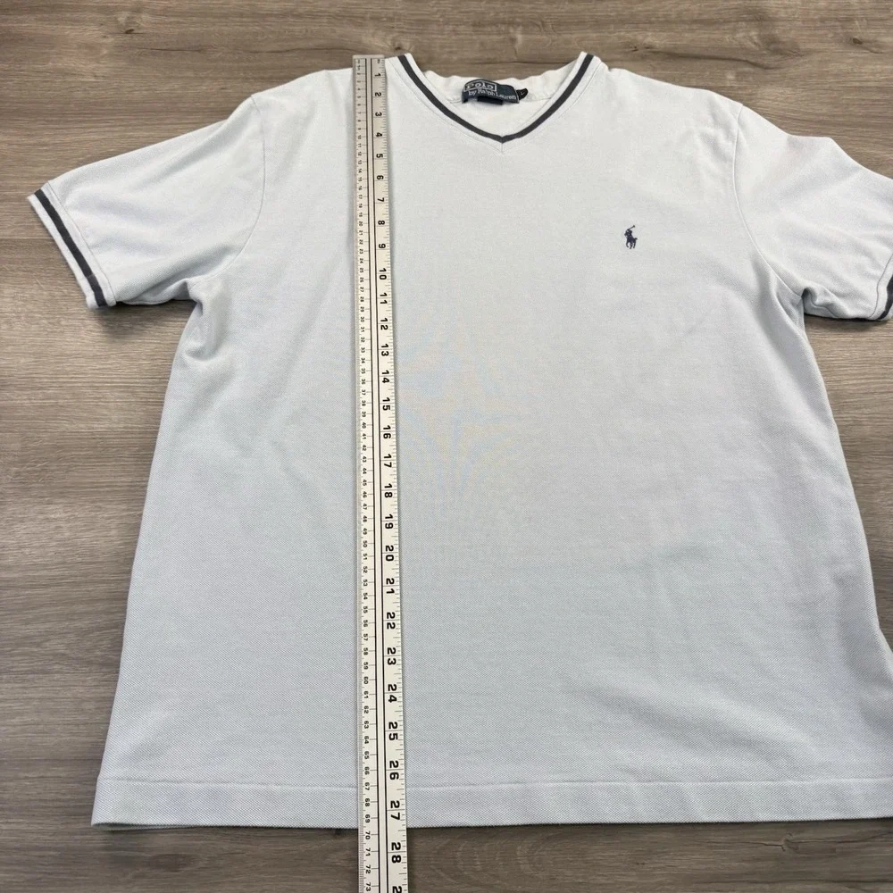 Polo Ralph Lauren Mens Size Large V-Neck Pique Ringer Shirt Light Blue Pony Y2K